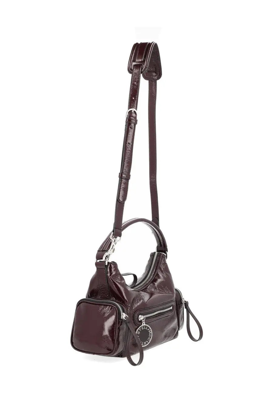Stella McCartney women’s dartmoor hobo bag in glossy burgundy leather with detachable strap and multiple zippered pockets