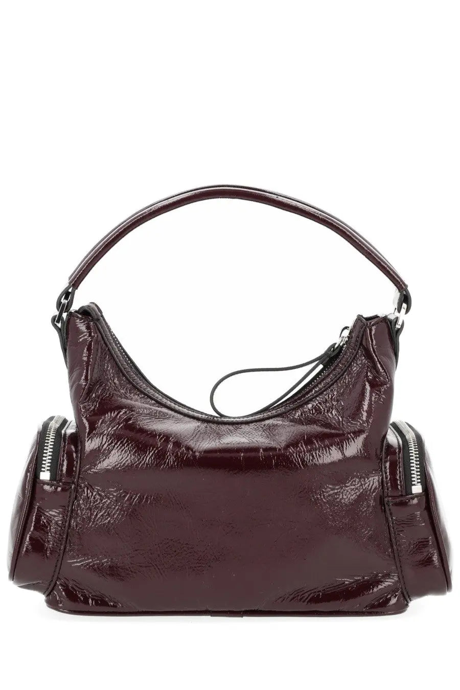 Stella McCartney women’s dartmoor bag brown glossy burgundy patent leather hobo with curved handle and zippered pockets