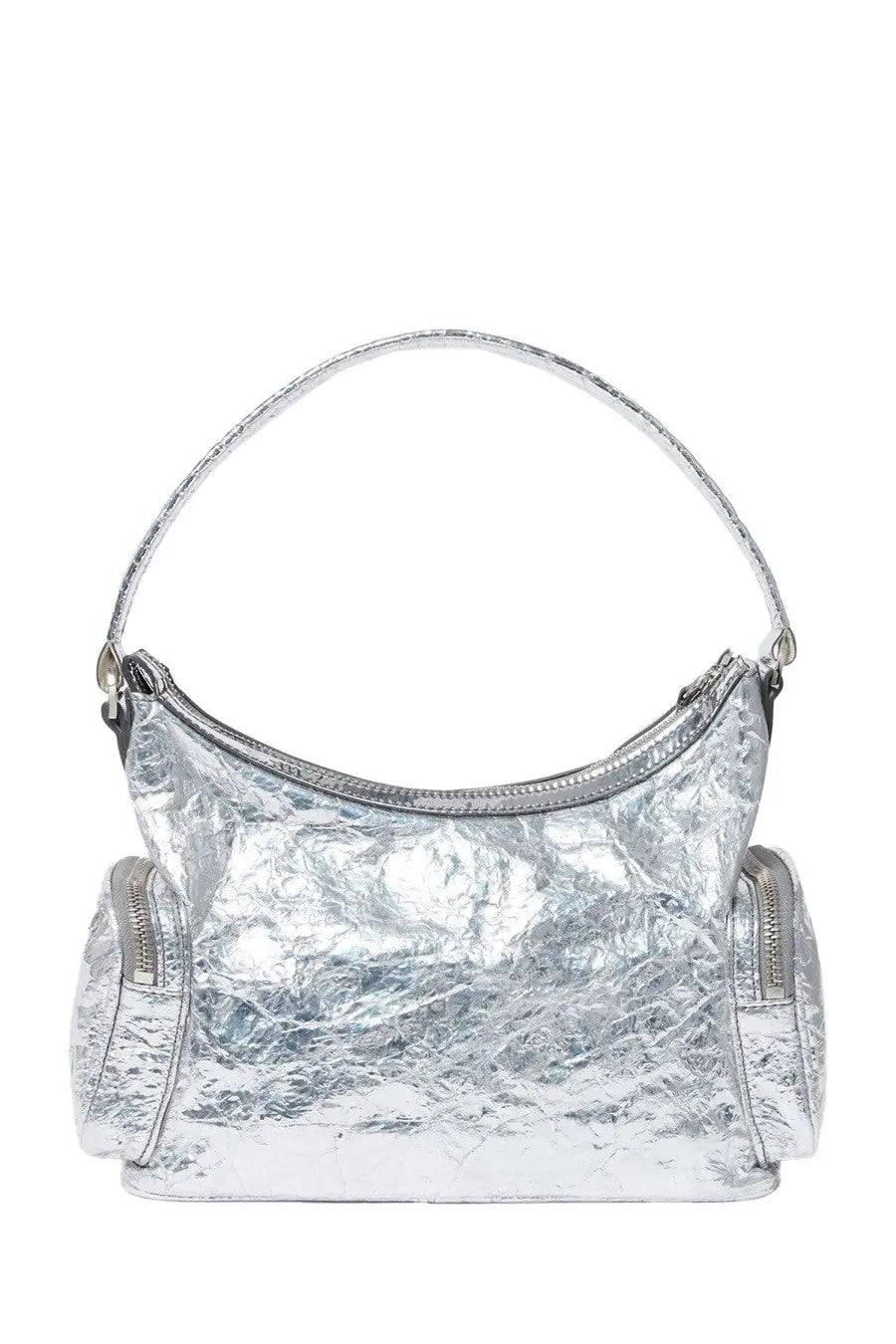 Stella McCartney women’s dartmoor bag silver metallic crinkled handbag with curved top handle and two side pockets