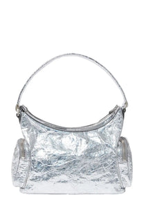 Stella McCartney women’s dartmoor bag silver metallic crinkled handbag with curved top handle and two side pockets