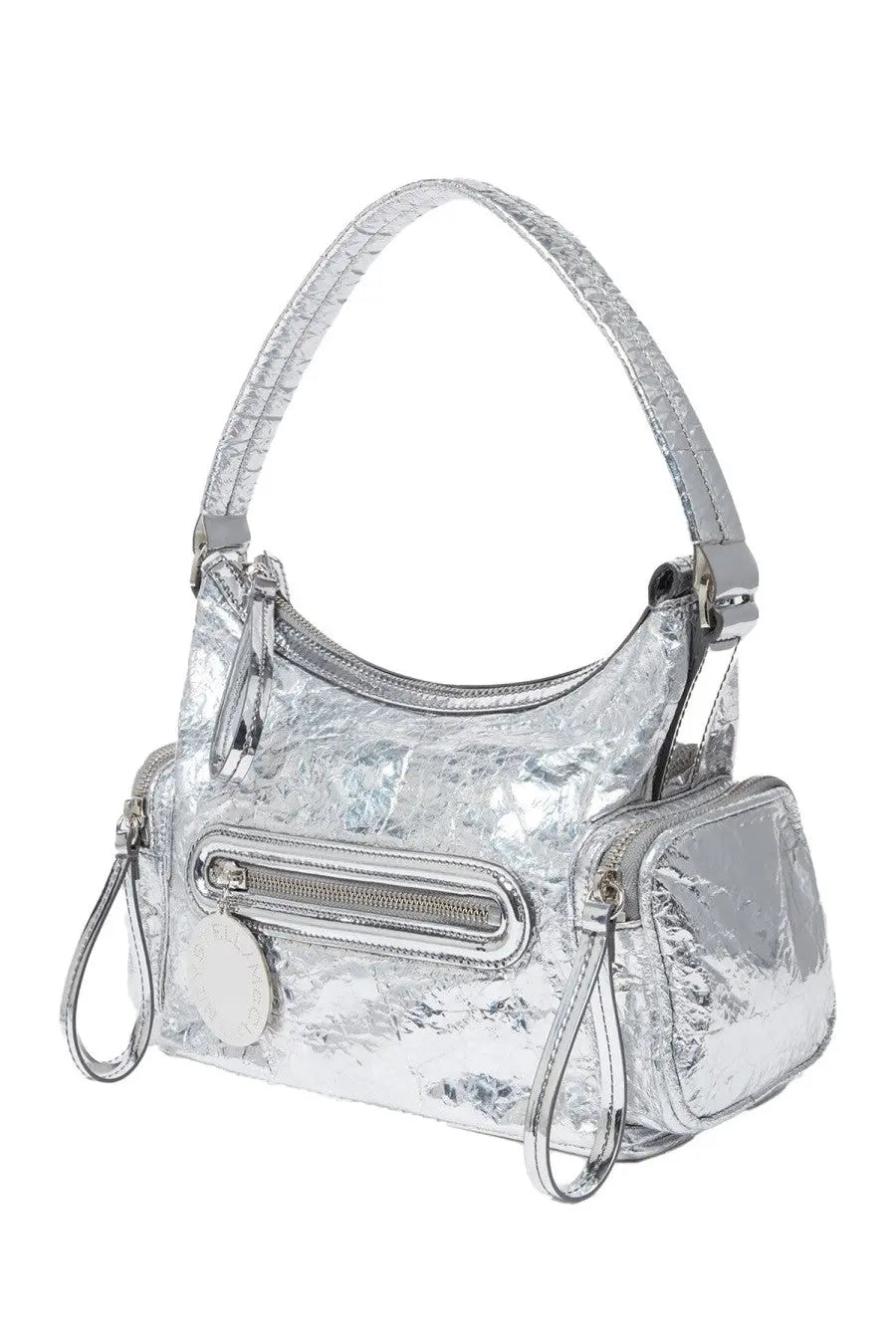 Stella McCartney women’s Dartmoor bag silver metallic handbag with crinkled reflective surface and multiple zippers