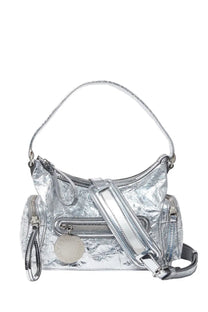 Silver metallic stella mccartney women’s dartmoor handbag with shiny crinkled texture and multiple zippers