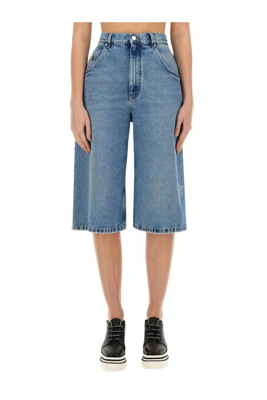 Stella mccartney women’s denim bermuda shorts in medium-blue high-waisted denim with straight leg and frayed hem