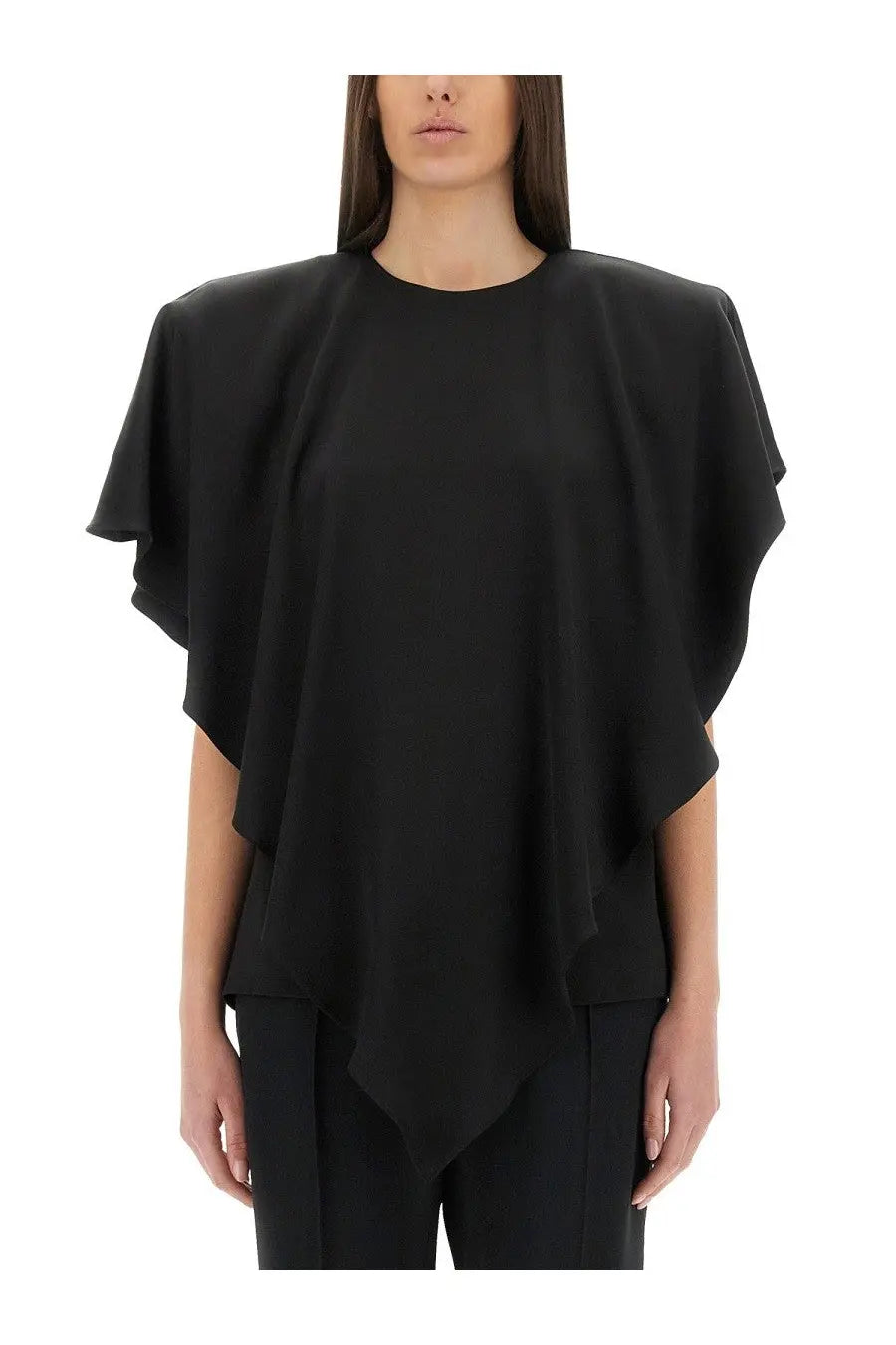 Stella McCartney women’s black cape-style top with flowing asymmetrical sleeves and relaxed fit draped design