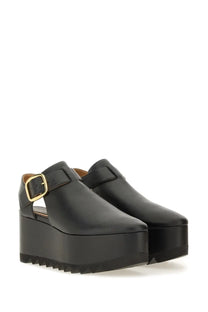 Stella McCartney women’s Elyse black leather platform clog sandals with gold-tone buckle and textured sole