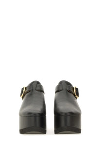 Stella McCartney women’s Elyse sandal black leather platform mules with gold-tone buckle accents