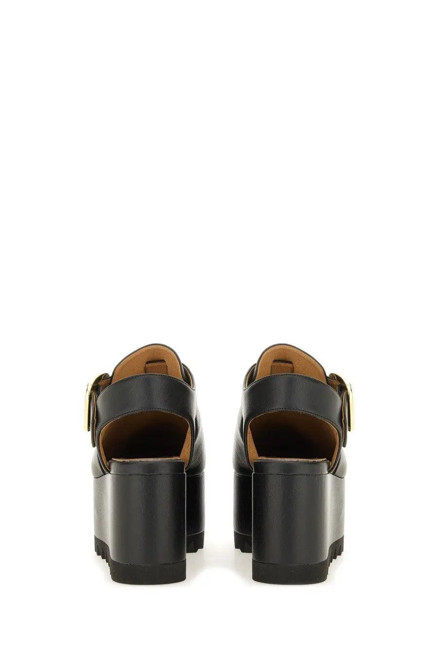 Stella McCartney women’s Elyse black platform sandals with gold-tone buckle details and vegan leather material