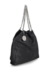 Stella mccartney women’s falabella black leather tote bag with silver chain straps and circular metallic pendant