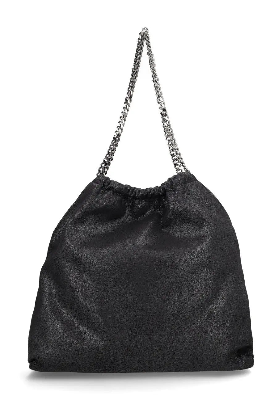 Stella McCartney women’s Falabella black leather drawstring bag with textured finish and silver chain strap