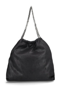 Stella McCartney women’s Falabella black leather drawstring bag with textured finish and silver chain strap