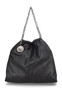 Black textured leather Stella McCartney womens Falabella tote bag with silver chain strap and circular metal charm
