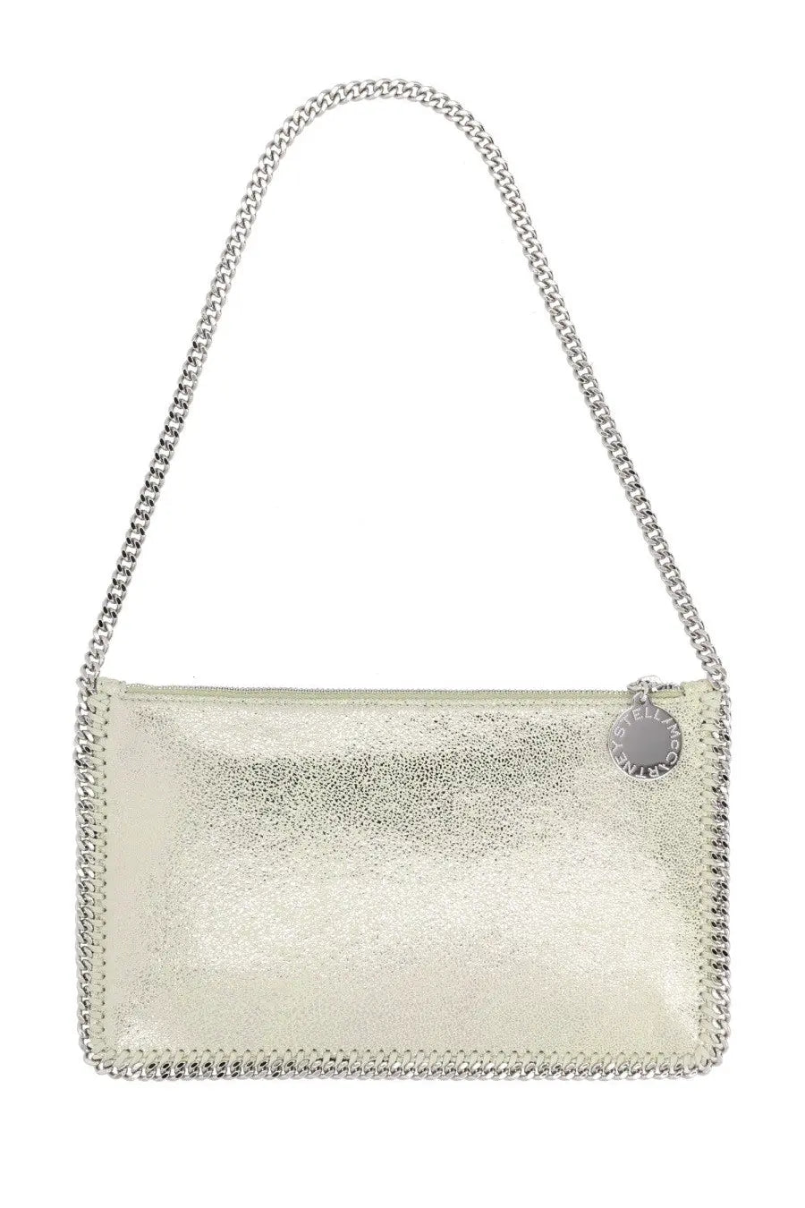 Stella McCartney women’s falabella silver handbag with metallic silver chain embellishments and textured shimmering surface