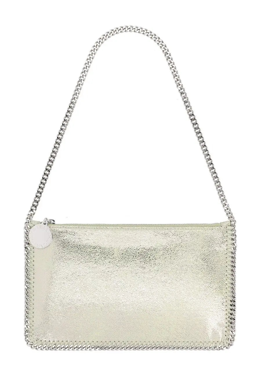 Stella McCartney women’s falabella bag in metallic silver with chain strap and stitched edges, made from vegan leather