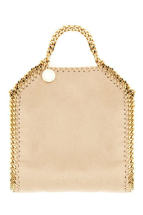 Beige suede stella mccartney women’s falabella micro bag with gold-tone chain handles and circular metal clasp