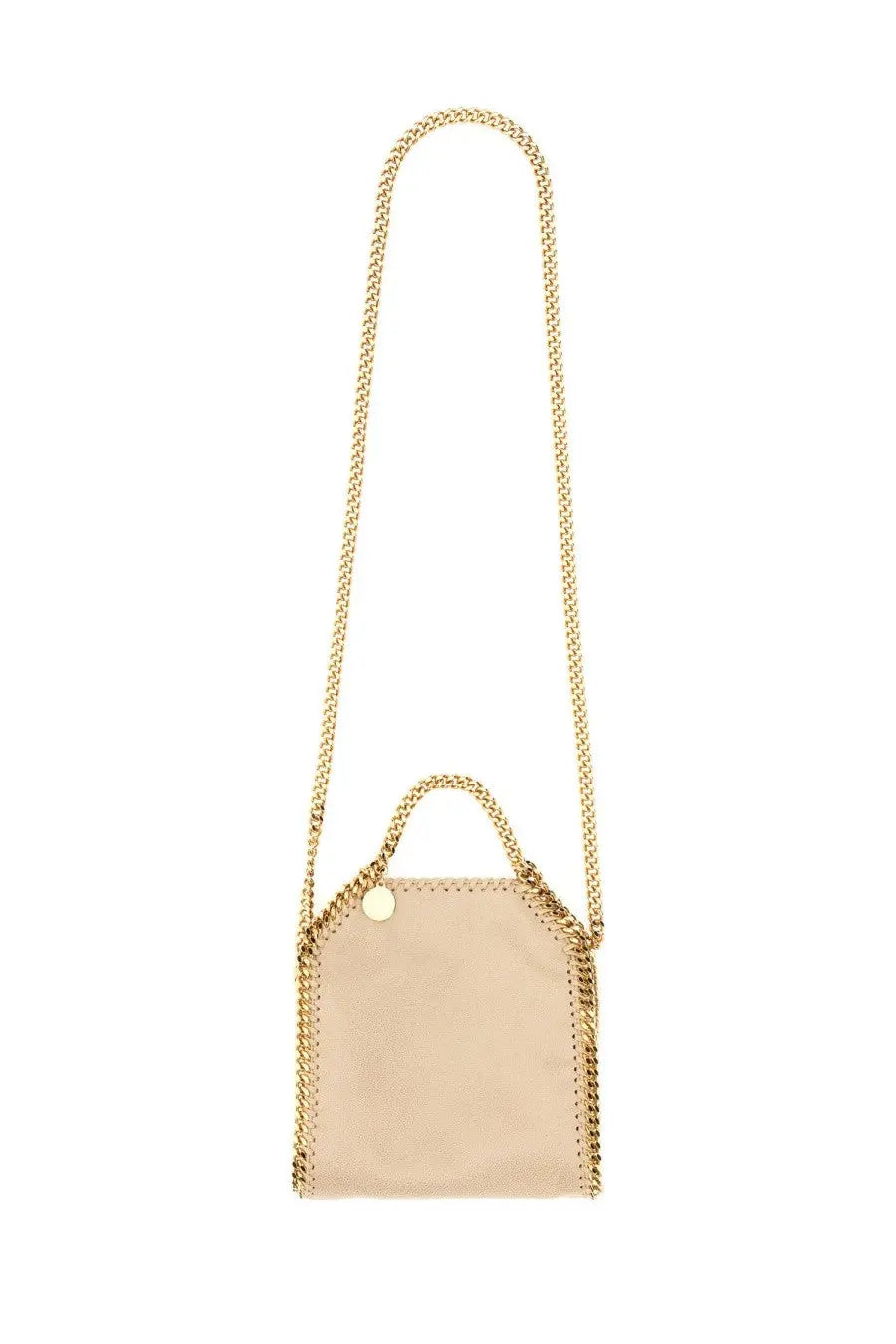 Beige suede Stella McCartney falabella micro crossbody bag with gold tone chain strap and signature stitched edges