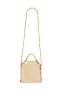 Beige suede Stella McCartney falabella micro crossbody bag with gold tone chain strap and signature stitched edges