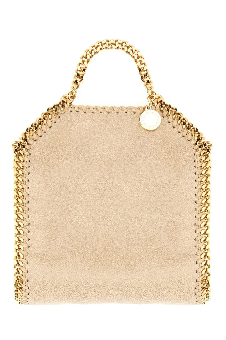 Beige suede stella mccartney falabella micro tote bag with gold-tone chain handles and circular metal tag