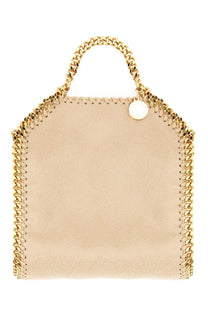 Beige suede stella mccartney falabella micro tote bag with gold-tone chain handles and circular metal tag