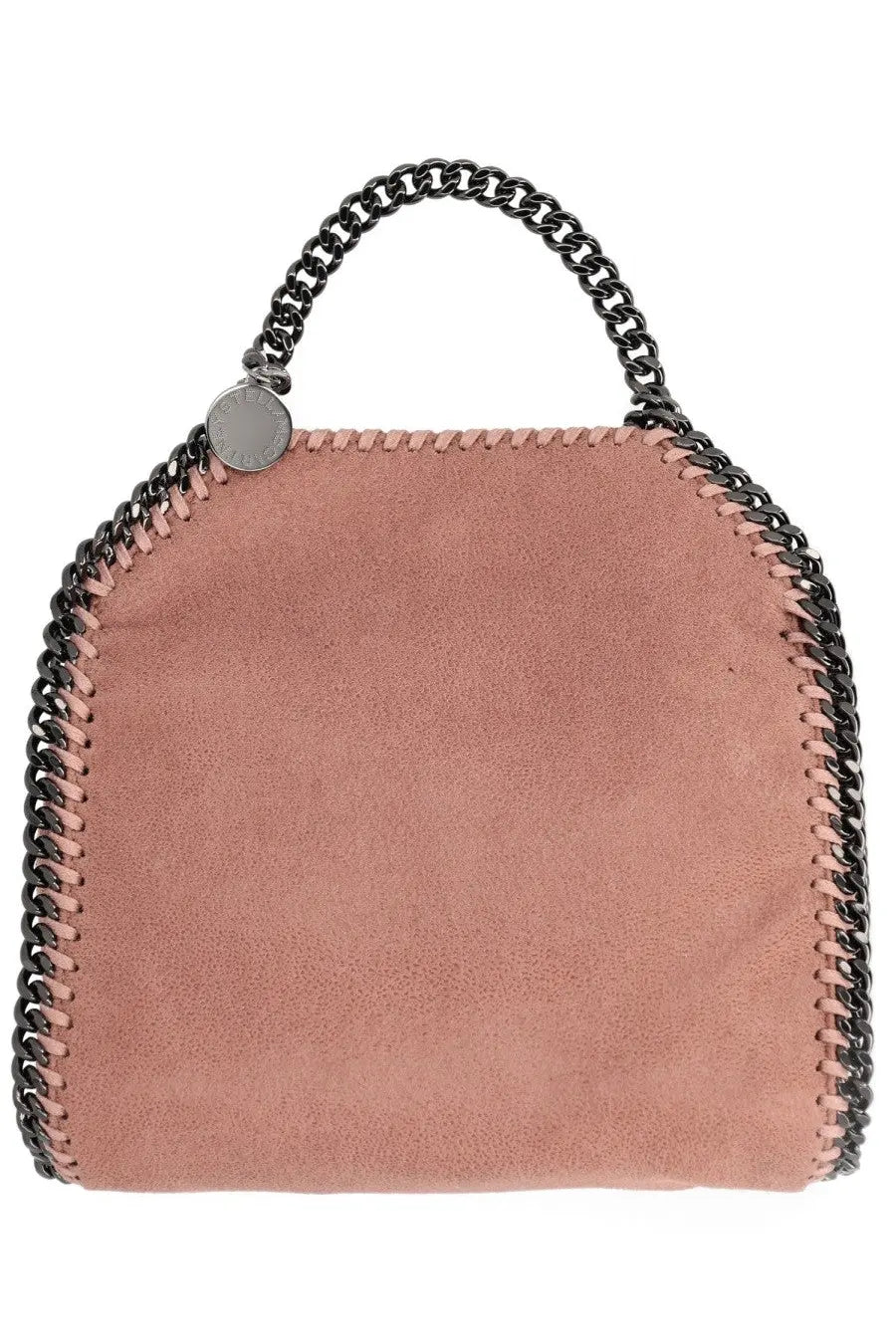 Stella McCartney women’s falabella micro bag in dusty rose suede with black chain handle and matching chain trim