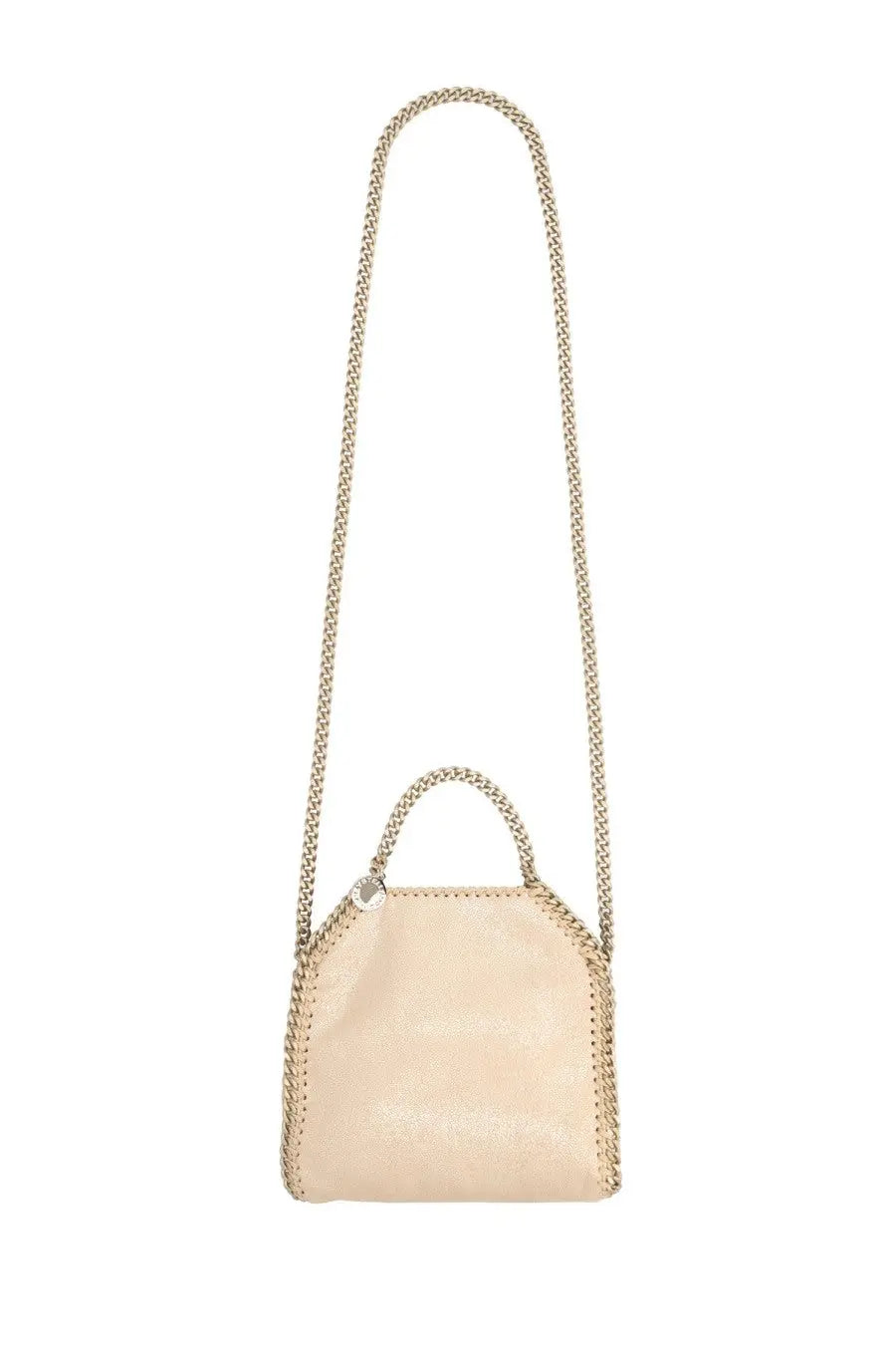 Beige leather stella mccartney falabella mini crossbody bag with silver chain strap and hand-stitched detailing