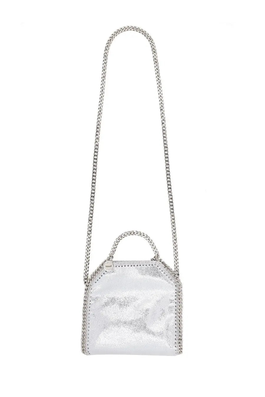 Stella mccartney women’s falabella micro bag silver metallic chain-strap crossbody with reflective surface and studded edges