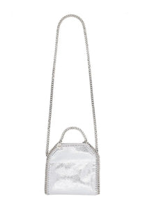 Stella mccartney women’s falabella micro bag silver metallic chain-strap crossbody with reflective surface and studded edges
