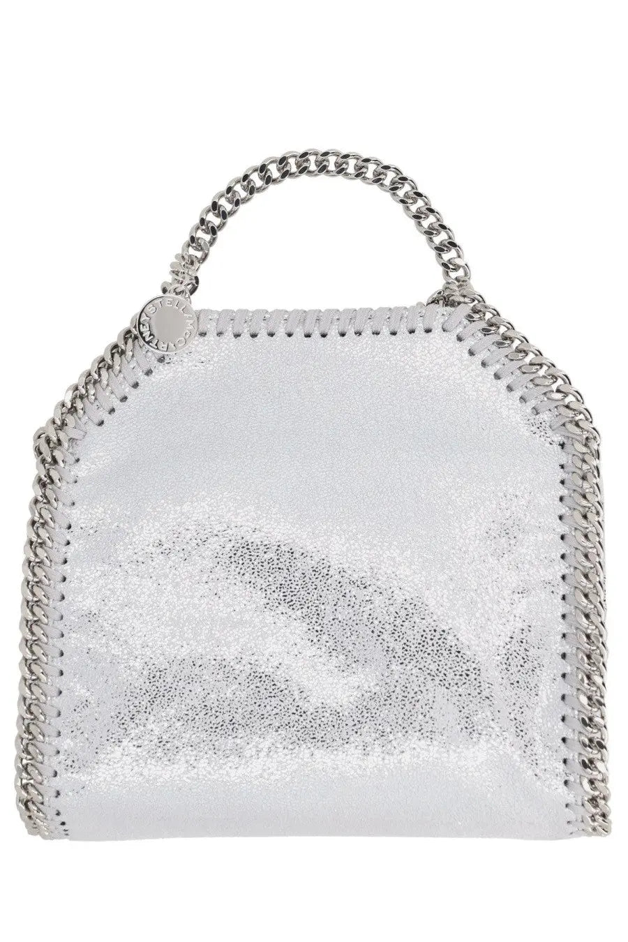 Stella McCartney women’s falabella micro bag in silver with metallic textured surface and bold chain-link trim