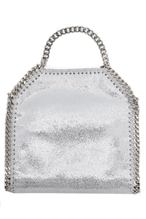 Stella mccartney womens falabella micro bag silver metallic leather with chain stitched edge and matching chain handle
