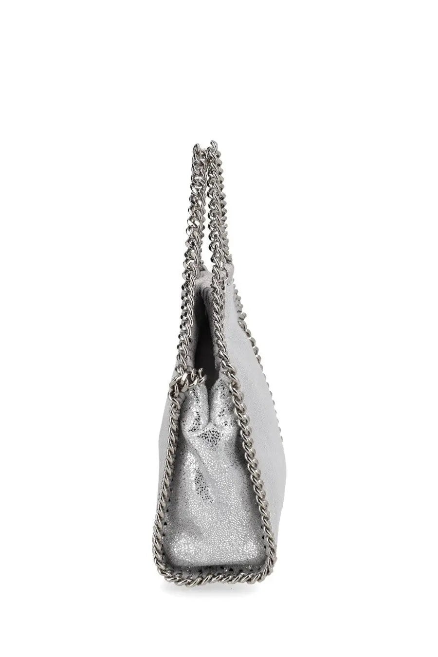 Stella McCartney women’s falabella micro bag silver metallic leather tote bag with chain strap front view