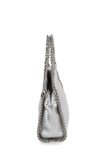 Stella McCartney women’s falabella micro bag silver metallic leather tote bag with chain strap front view