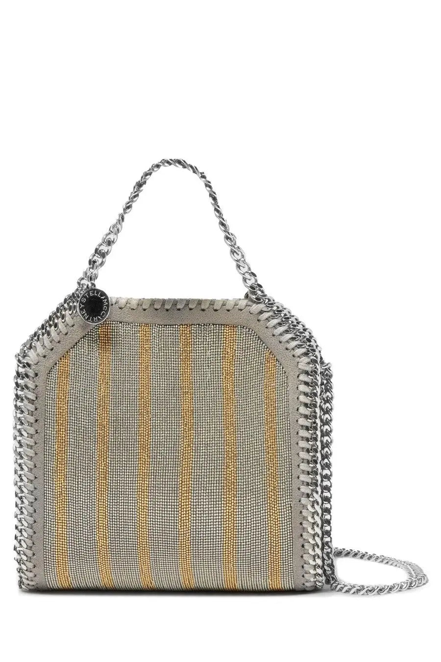 Stella McCartney women’s falabella micro tote bag grey with gray and gold striped woven material and silver chain strap