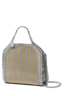 Stella McCartney women’s falabella micro tote bag in grey with gray and gold striped woven design and silver chain detailing