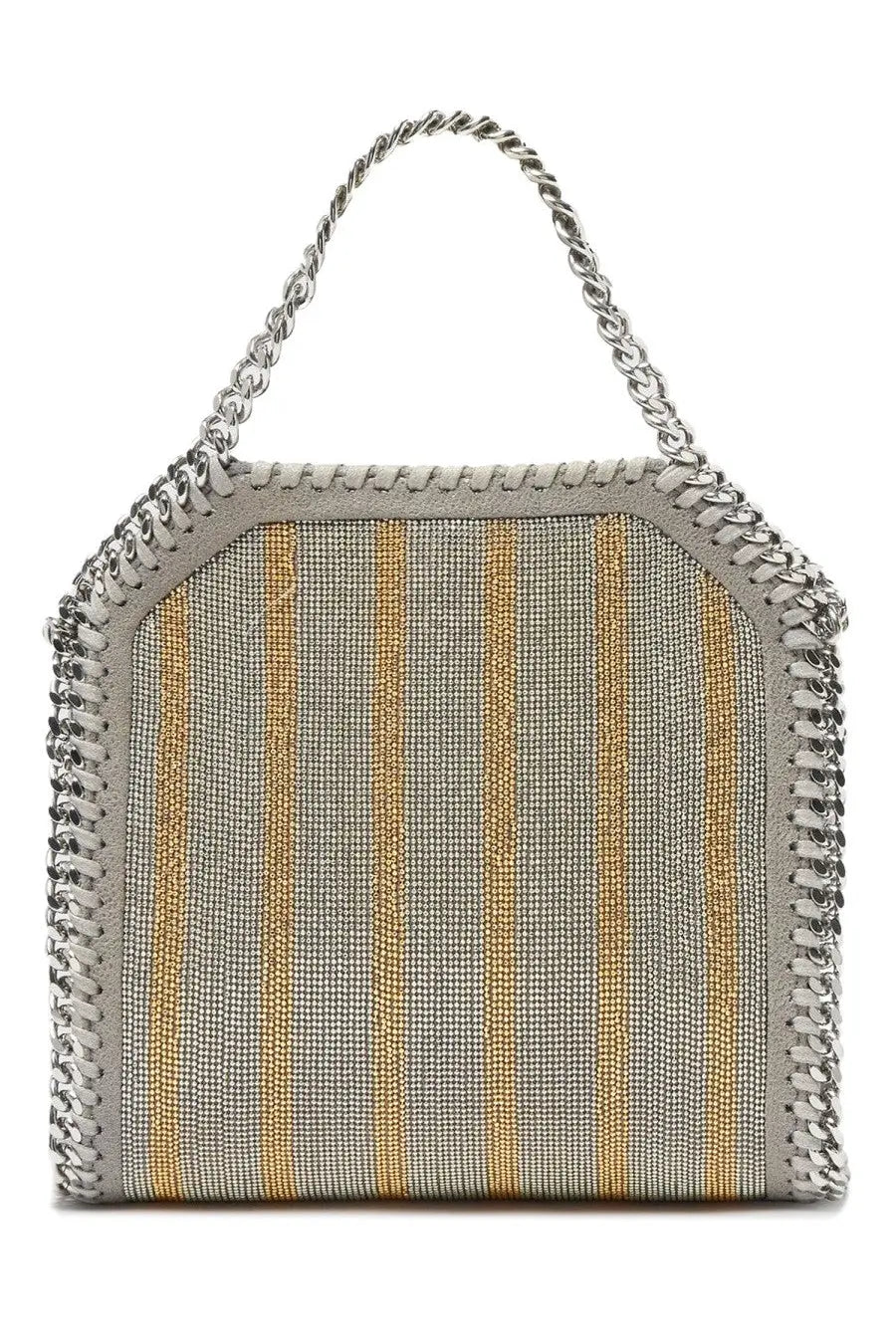 Stella McCartney women’s falabella micro tote bag in grey silver and gold striped mesh with chain strap