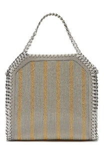 Stella McCartney women’s falabella micro tote bag in grey silver and gold striped mesh with chain strap