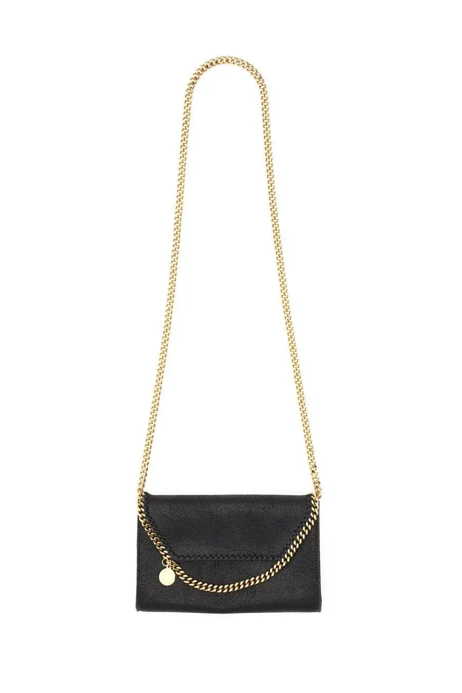 Stella McCartney women’s Falabella mini black crossbody bag with black leather, gold-tone chain strap, and circular charm