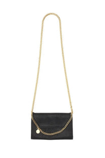 Stella McCartney women’s Falabella mini black crossbody bag with black leather, gold-tone chain strap, and circular charm