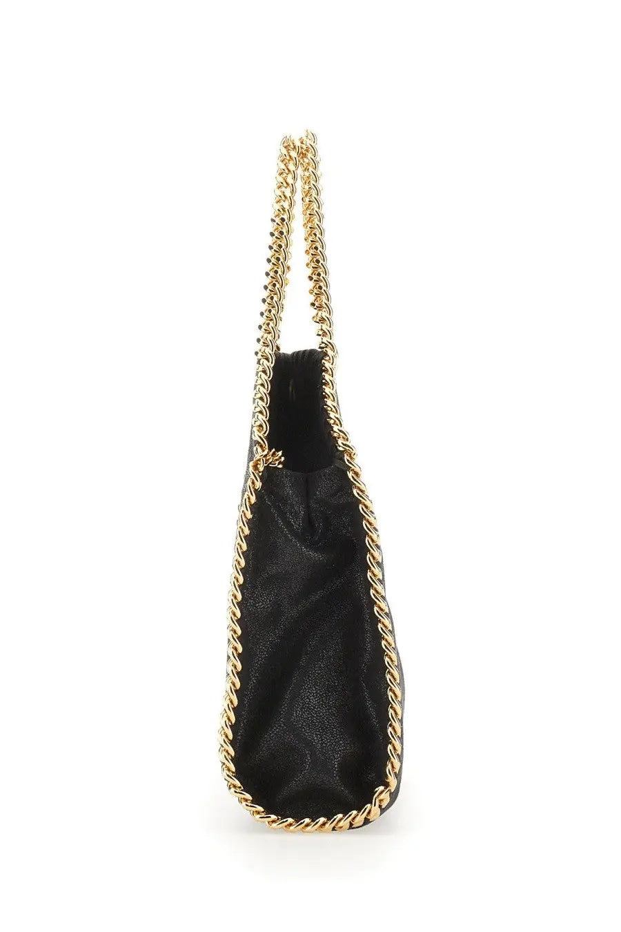 Black leather tote bag with gold-tone chain handles and trim from stella mccartney womens falabella mini bag collection