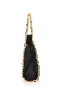 Black leather Stella McCartney womens Falabella mini tote bag with gold-tone chain handles and trim
