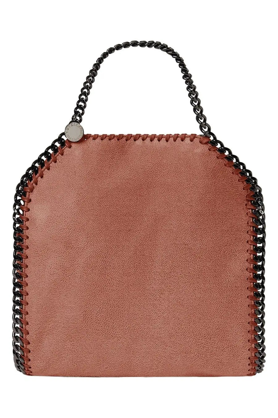 Stella McCartney women’s falabella mini bag in dusty rose suede with black chain handles and signature stitched edge