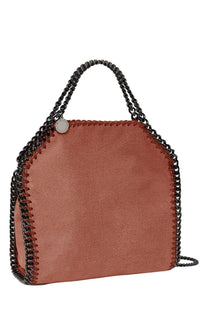 Stella McCartney women’s falabella mini bag brown rust-colored suede with black chain handles and circular metal logo tag