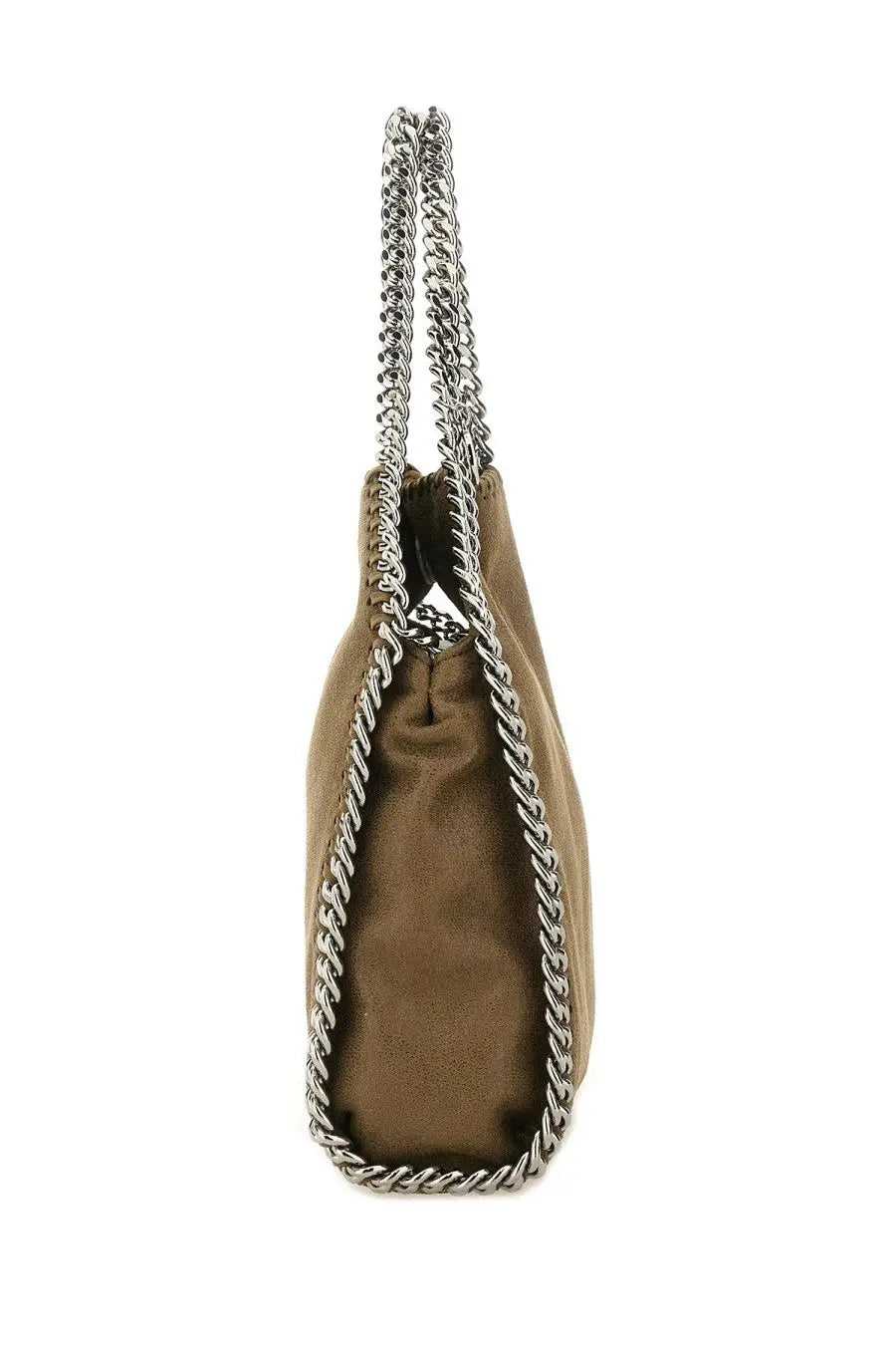 Stella McCartney women’s falabella mini tote bag in taupe suede with a distinctive silver chain strap