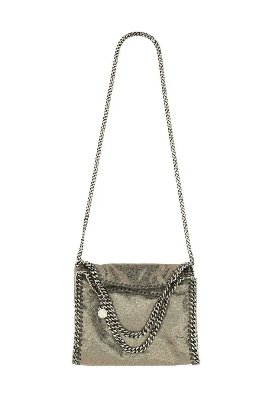 Stella McCartney women’s falabella mini bag grey with metallic olive green falabella chain strap and silver hardware