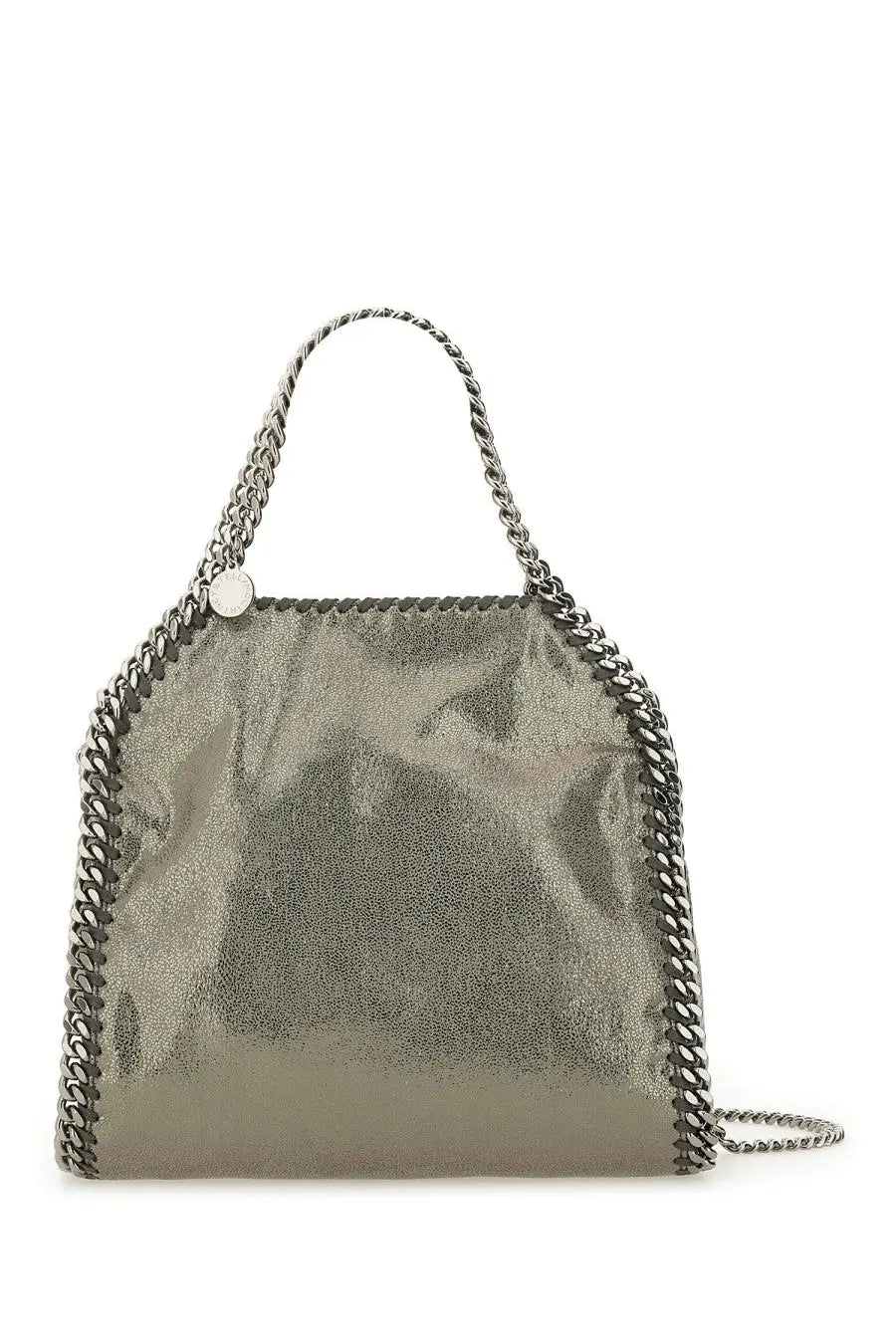Stella mccartney women’s falabella mini bag grey metallic silver tote with textured shimmering surface and bold chain edges