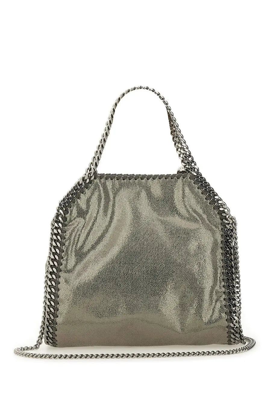 Silver metallic Stella McCartney women’s falabella mini tote bag with chain-link handle and shoulder strap in grey
