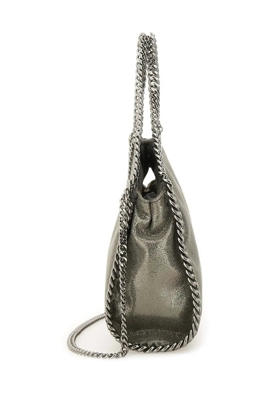 A sleek metallic gray Stella McCartney falabella mini tote bag with textured surface and interwoven silver chain detailing