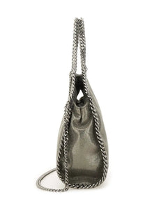A sleek metallic gray Stella McCartney falabella mini tote bag with textured surface and interwoven silver chain detailing