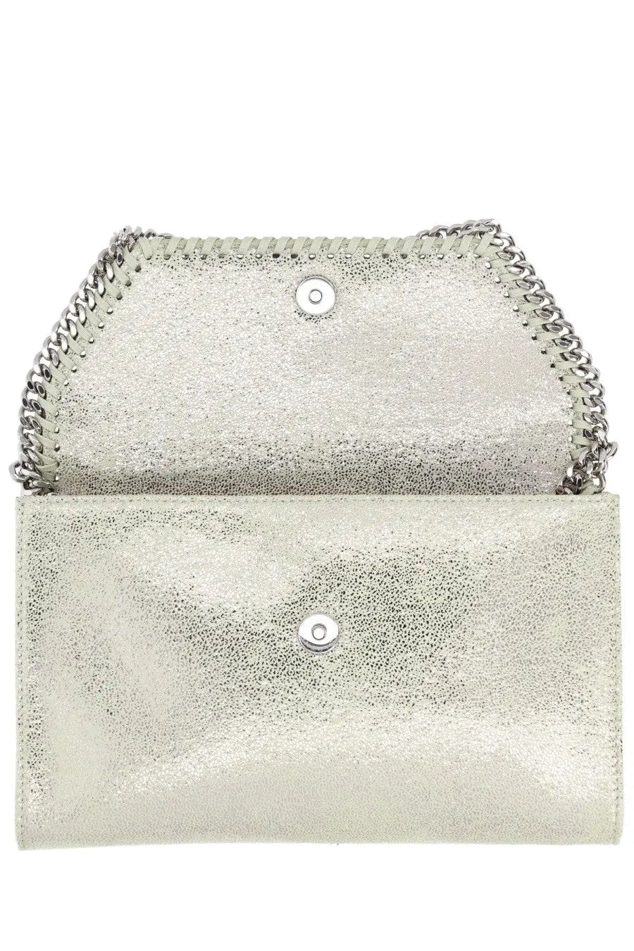 Stella mccartney women’s falabella mini bag silver with silver metallic falabella chain strap and textured shimmering surface