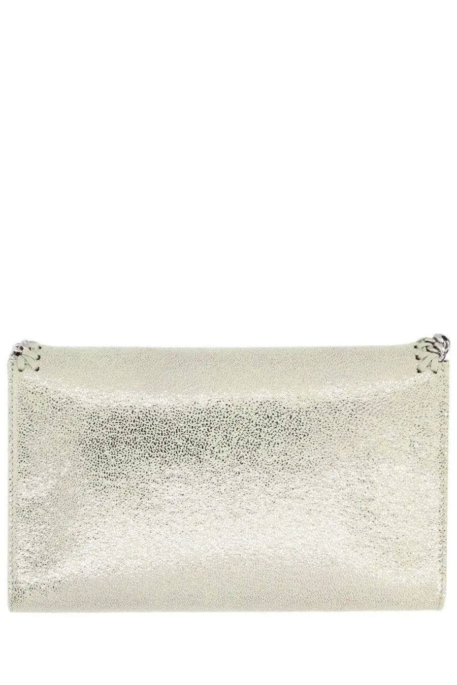 Stella McCartney women’s Falabella mini bag silver metallic clutch with shimmering texture and decorative edge stitching