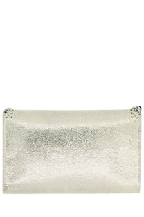Stella McCartney women’s Falabella mini bag silver metallic clutch with shimmering texture and decorative edge stitching