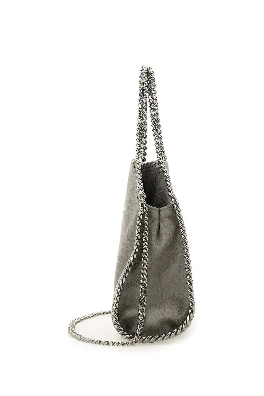 A sleek metallic gray leather Stella McCartney falabella mini tote bag with chain-link trim and shoulder strap